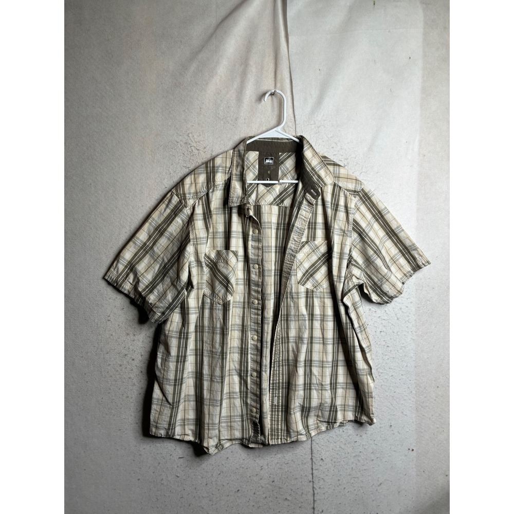 REI Mens XXL Organic Cotton Plaid Short Sleeve Button Up Shirt Olive Green 9422